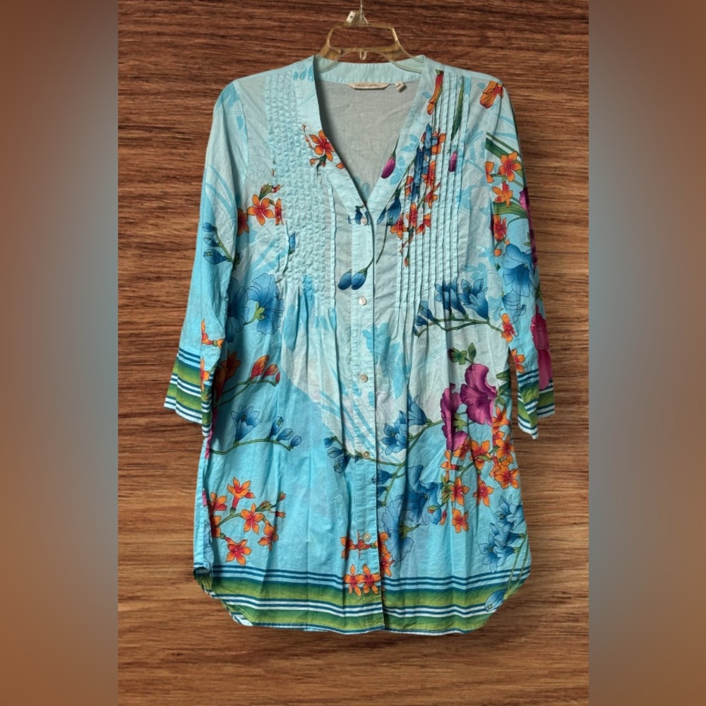 EUC SOFT SURROUNDINGS Top Womans Small Blue L'atalante Floral Tunic Pleated